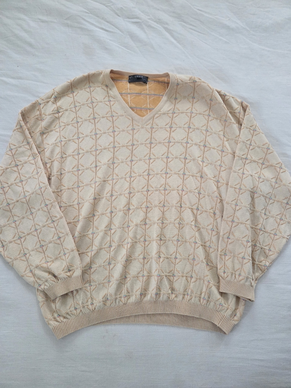 Vintage Men's V-Neck Knit Sweater in Beige Gold St Croix XL